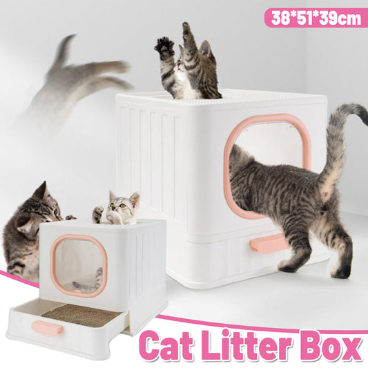 Pink Fully Enclosed Cat Litter Box Large Plastic Toilet for Cats with Lid Tray