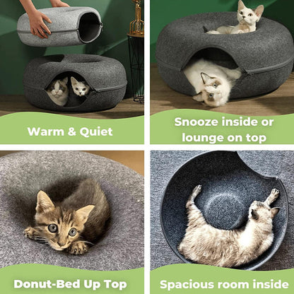 Felt Cat Tunnel Bed Donut Cave Nest for Kittens and Small Pets 50x30cm - Light Grey
