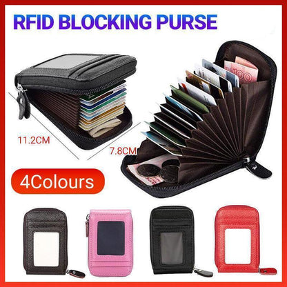 Rfid Blocking Leather Wallet Anti-Theft Credit Card Holder Men Women Coin Purse - Coffee