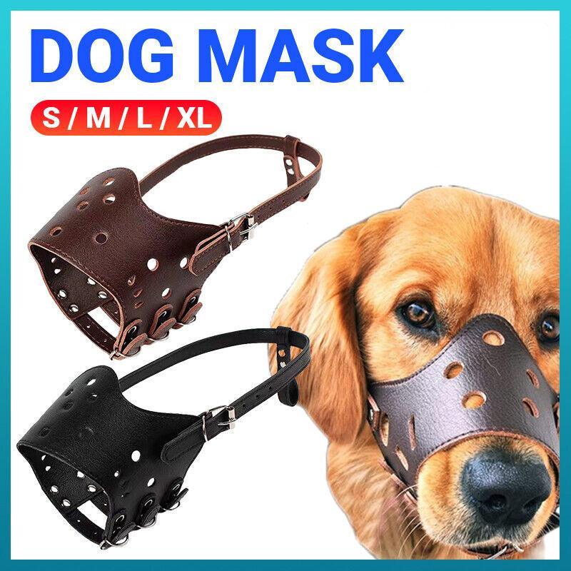 Adjustable Leather Pet Dog Mask Mouth Muzzle Anti Barking Bite Stop Chewing Brown - XL