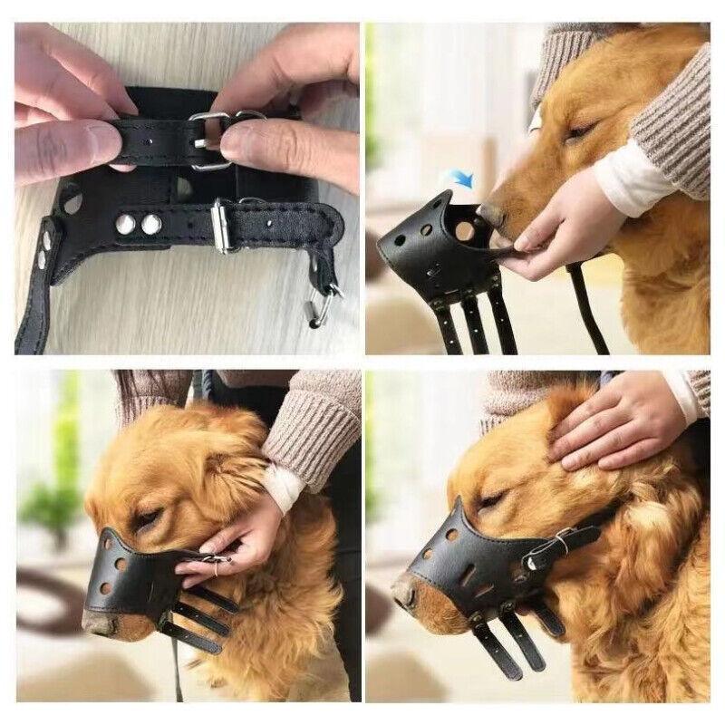 Adjustable Leather Pet Dog Mask Mouth Muzzle Anti Barking Bite Stop Chewing Brown - XL