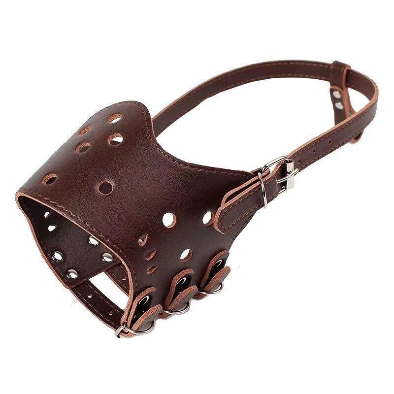Adjustable Leather Pet Dog Mask Mouth Muzzle Anti Barking Bite Stop Chewing Brown - XL