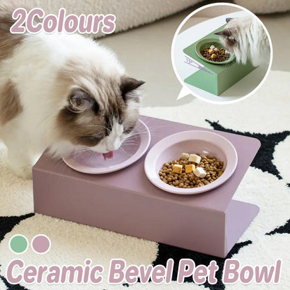 Ceramic Slanted Double Pet Bowl Cat Dog Food Water Bowl Non-Slip Feeding Dish - Green