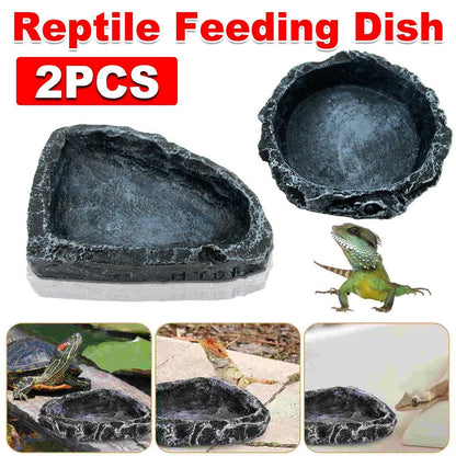 2 Pack Reptile Water Dish Food Bowl Rock Worm Feeder for Leopard Gecko Lizard