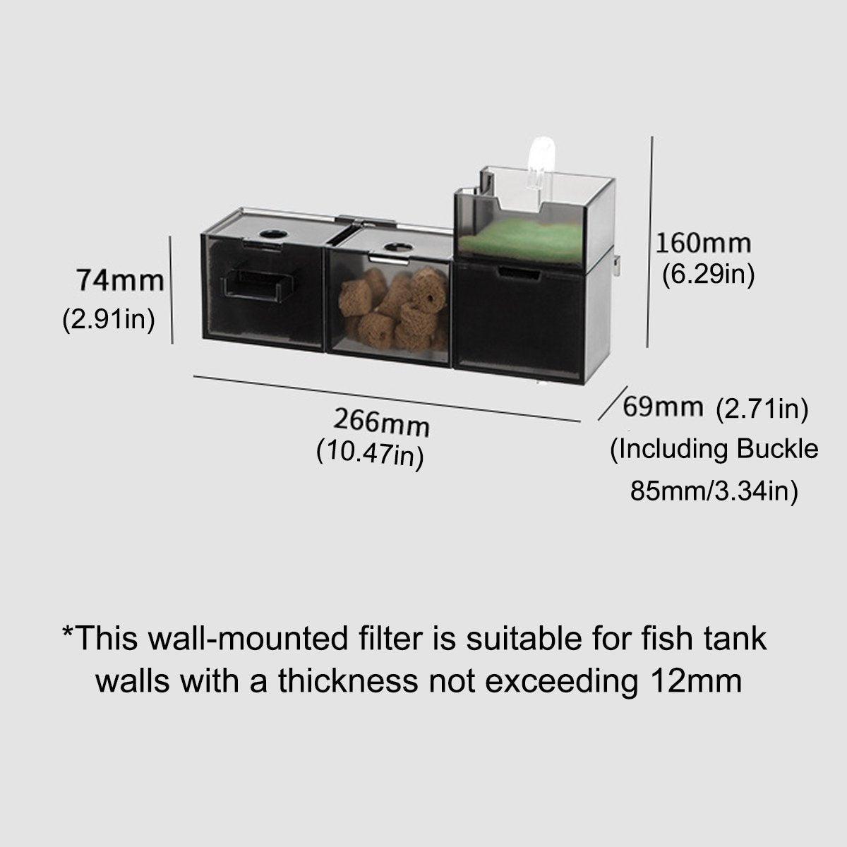 Fish Tank Filter Box 3in1 Oxygenating Wall Mount Built In Silent Water Purifier - Black-2Grids