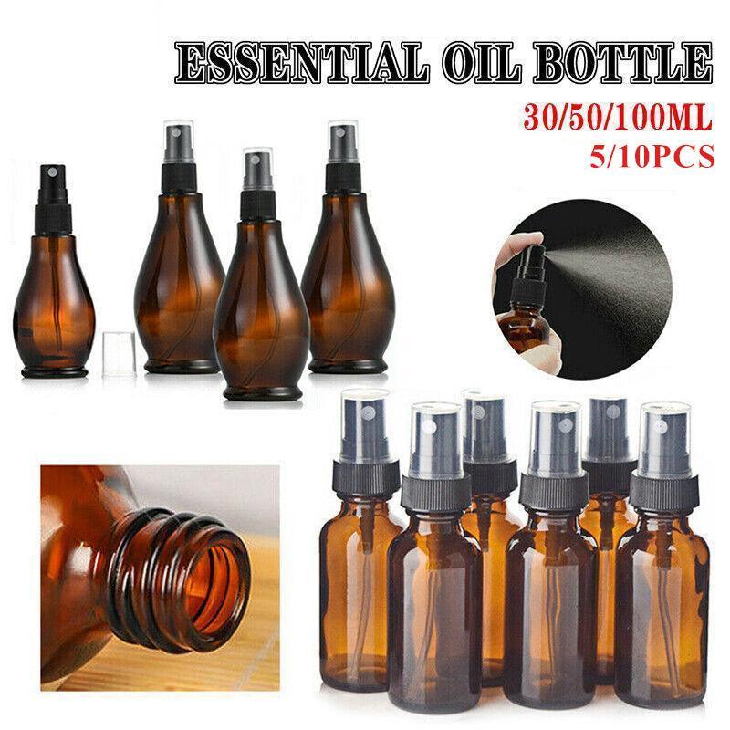 30-100Ml Amber Glass Essential Oil Spray Roller Bottles Mist Sprayer Containers - 50 ML 5PCS