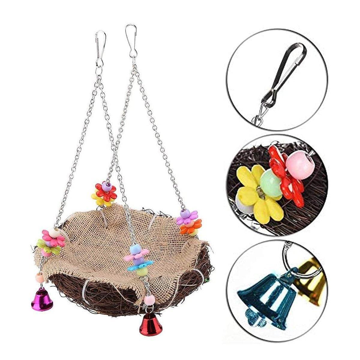 Bird Parrot Swing Stand Rattan Nest Hanging Basket Chew Toy for Small Medium Pet - S-12cm