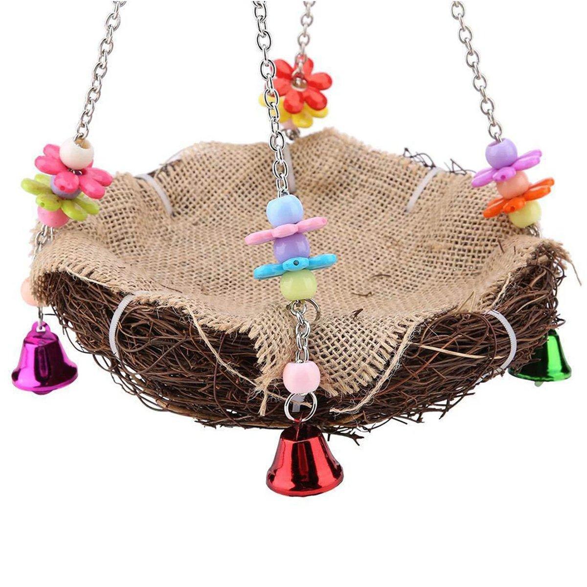 Bird Parrot Swing Stand Rattan Nest Hanging Basket Chew Toy for Small Medium Pet - S-12cm