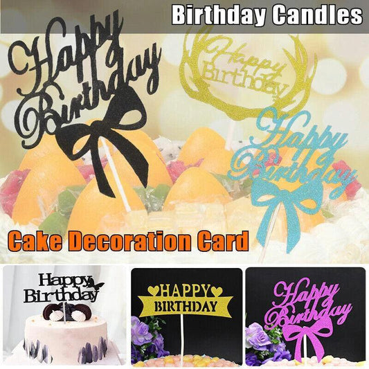 Happy Birthday Cake Topper Colour Printed Acrylic Party Decorations - Black-Butterfly
