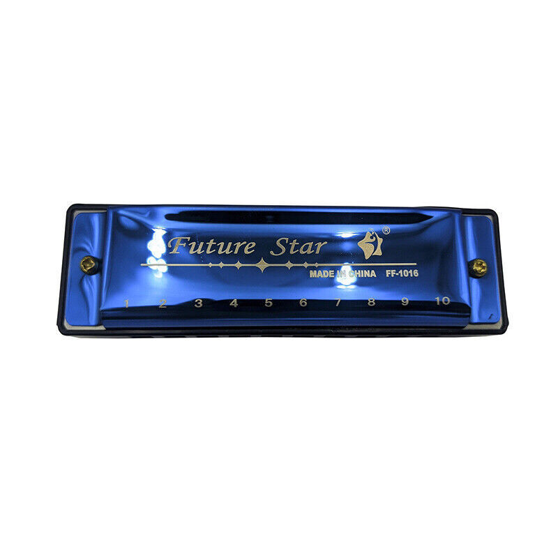 Harmonica 10 Holes Key Of C Blue Blues Harp Stainless Steel Brass - Gold