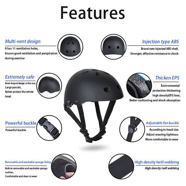 Black Bike Skate Helmet with Adjustable Fit Lightweight Protective Design 3 Sizes - M