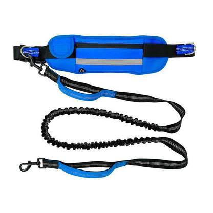 Adjustable Hands Free Dog Leash Lead + Waist Bag Belt Jogging Walking Running - Black + Blue