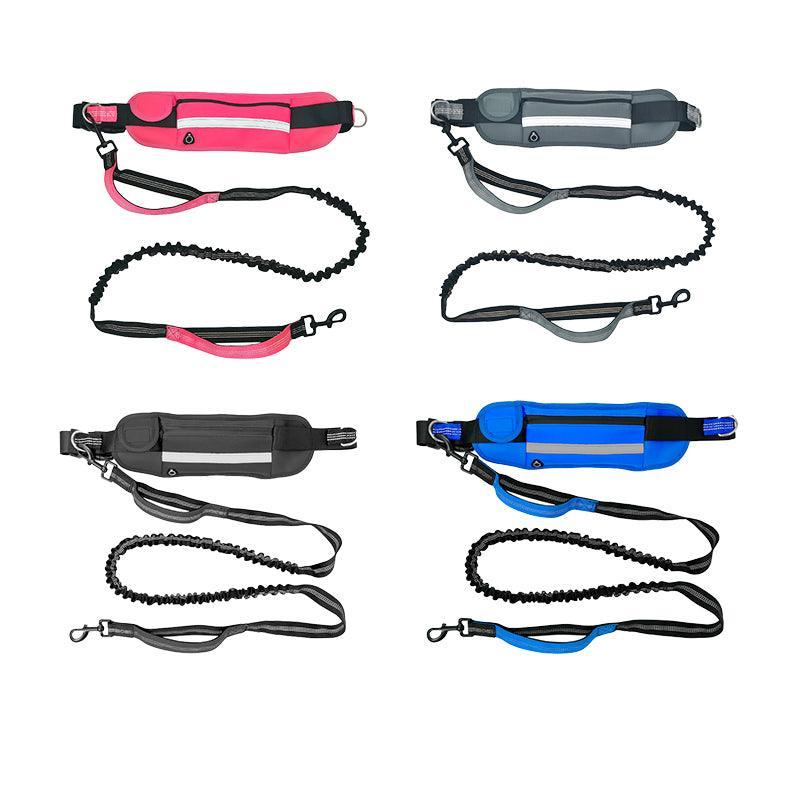 Adjustable Hands Free Dog Leash Lead + Waist Bag Belt Jogging Walking Running - Black+Pink