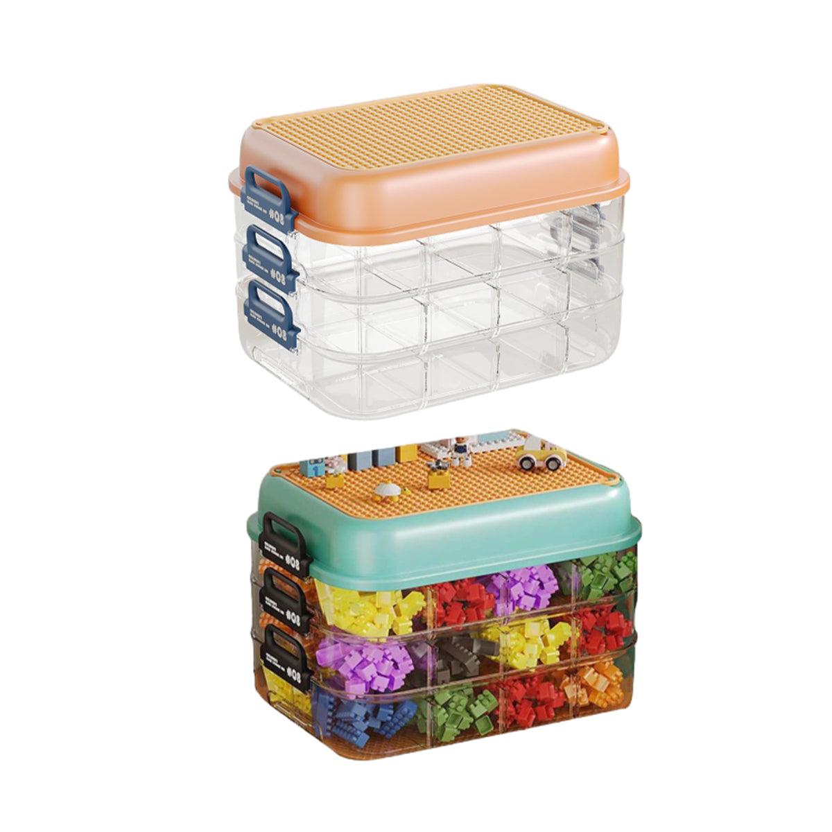 3-Layer Stackable Storage Box for Building Blocks Toy Organizer with Sorting Trays - Orange