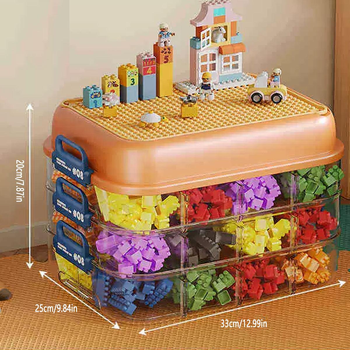 3-Layer Stackable Storage Box for Building Blocks Toy Organizer with Sorting Trays - Orange