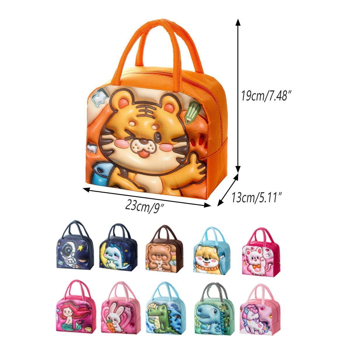Cute 3D Cartoon Insulated Lunch Bag Oxford Fabric Bento Tote for School Use - Navy Blue Dinosaur
