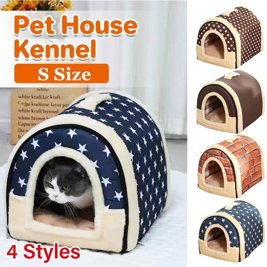 S Size Pet House Kennel Soft Igloo Beds Cave Cat Puppy Bed Warm Cushion Fold - Brown Dots