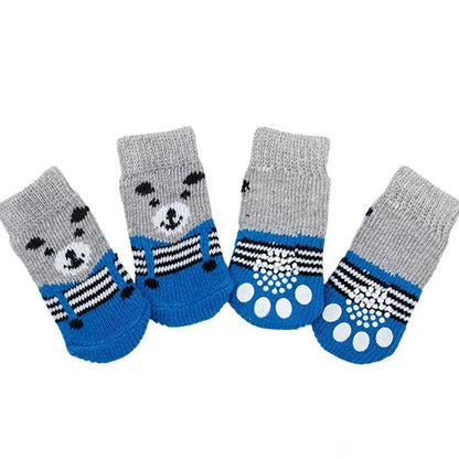 Non Slip Pet Socks for Dogs and Cats Knitted Paw Protector with Grips L Size - Blue bear