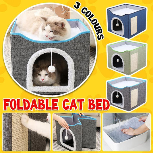 Foldable Pet Cat Calming Bed Hideaway Interactive House Nest Scratching Board - Dark Grey
