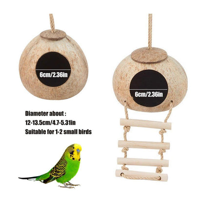 Natural Coconut Bird Nest Cage Pet Parrot Parakeet Safe Hut Feeder Shell Home - Stairs type