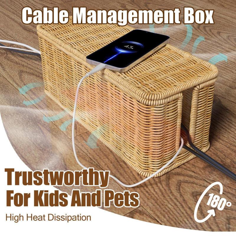 Desktop Cable Management Box with Cover Rattan Style Power Cord Organizer Case