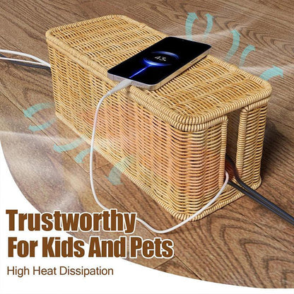 Desktop Cable Management Box with Cover Rattan Style Power Cord Organizer Case
