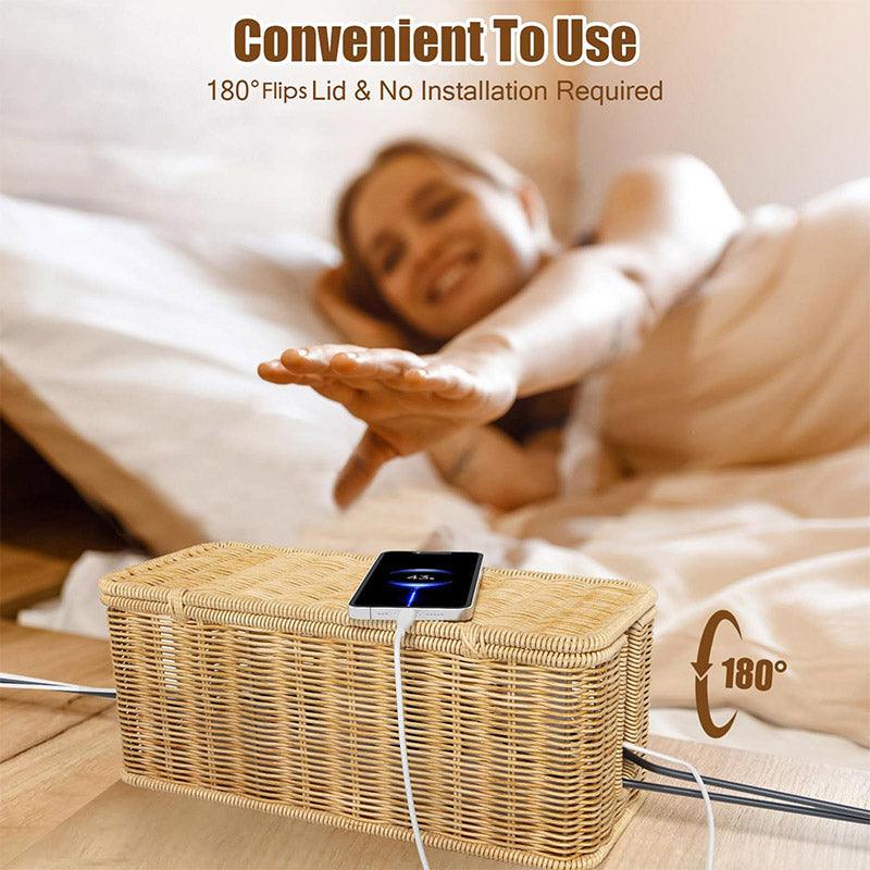Desktop Cable Management Box with Cover Rattan Style Power Cord Organizer Case