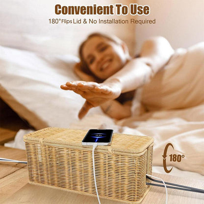 Desktop Cable Management Box with Cover Rattan Style Power Cord Organizer Case