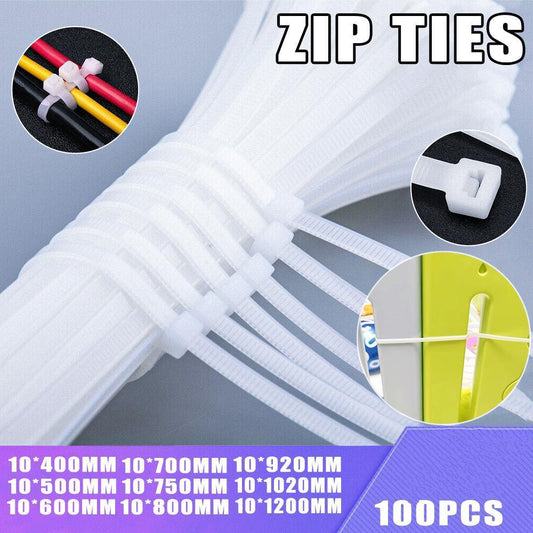 100X Cable Ties Zip Ties Nylon UV Stabilised Bulk White Cable Ties - 10*400mm White