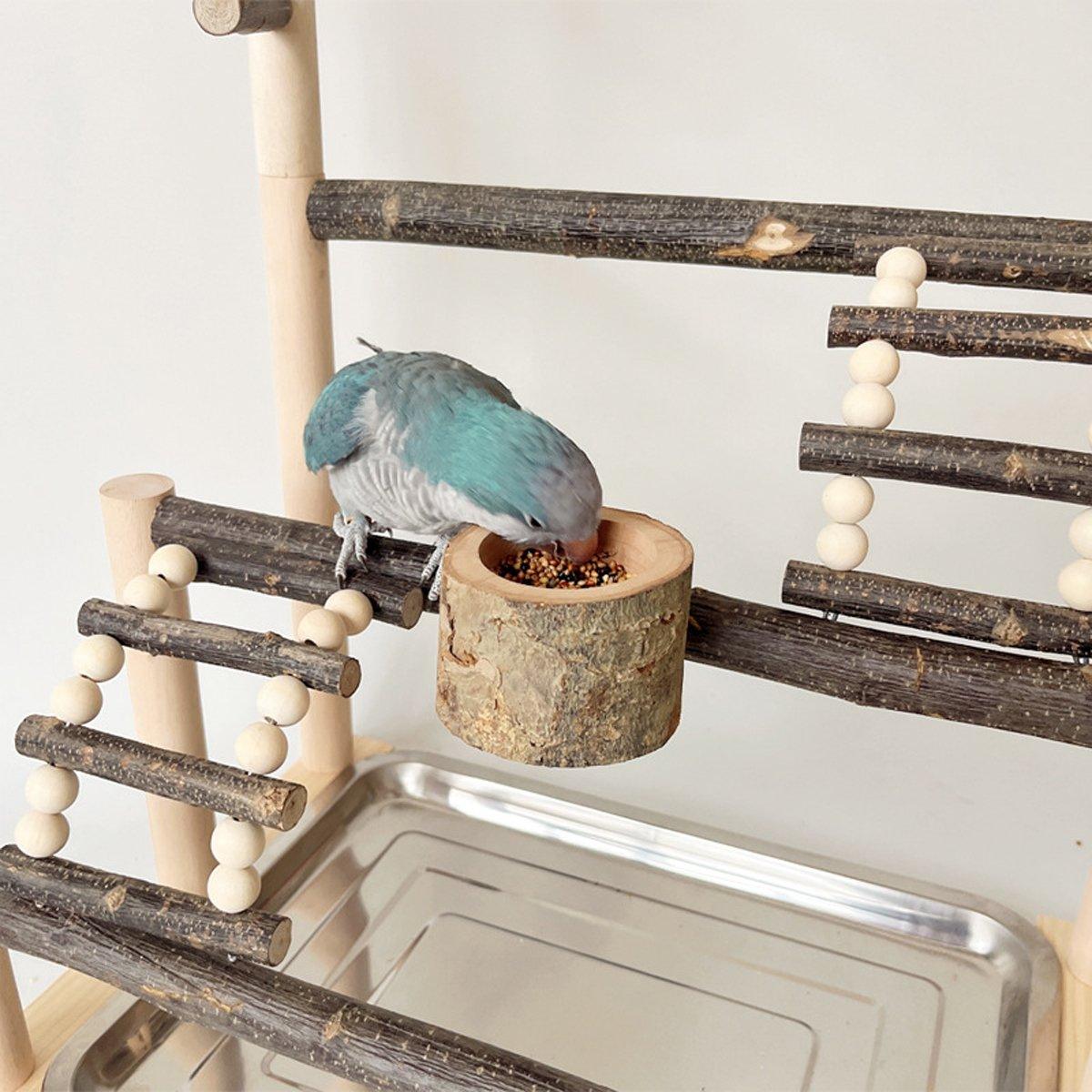 Wooden Parrot Stand Pole Interactive Bird Stand with Food Bowl Climbing Ladder