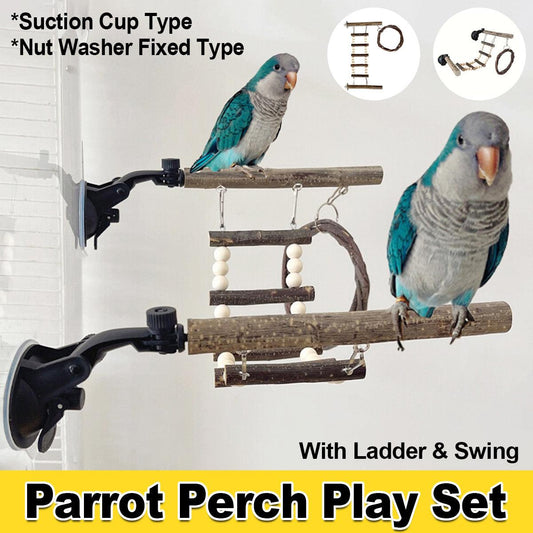 Wooden Parrot Stand Climbing Ladder Swing Toy for Birds Cage Play Accessories - Suction Cup Type
