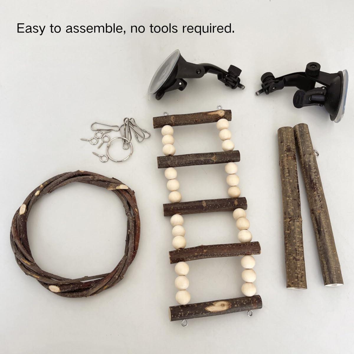 Wooden Parrot Stand Climbing Ladder Swing Toy for Birds Cage Play Accessories - Suction Cup Type