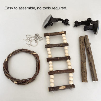 Wooden Parrot Stand Climbing Ladder Swing Toy for Birds Cage Play Accessories - Suction Cup Type