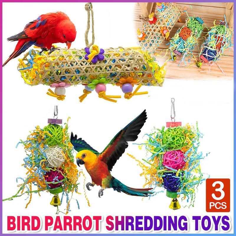 3PCS Bird Parrot Shredding Toys Chewing Foraging Hanging Cage Shredder Bell Toys