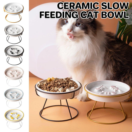 Ceramic Cat Bowl Slow Feeder Pet Food Tray for Cats and Dogs Non Slip Design - Black Bowl-Black Tray Rack