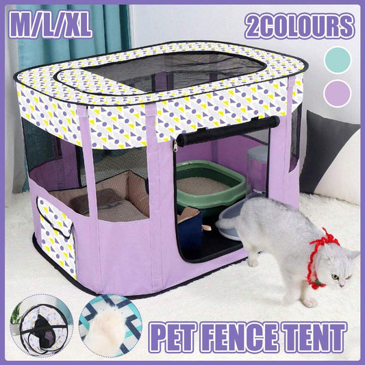 Foldable Cat Dog Kennel Pet Delivery Cage Portable Pet Fence Tent - Cyan-L