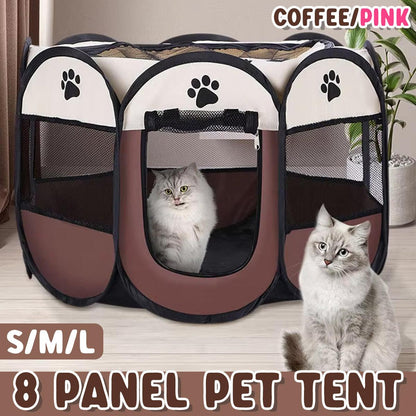 Pet Fence Indoor Cat Dog Tent Octagonal Fence Portable Foldable Cage Kennel - S-Pink