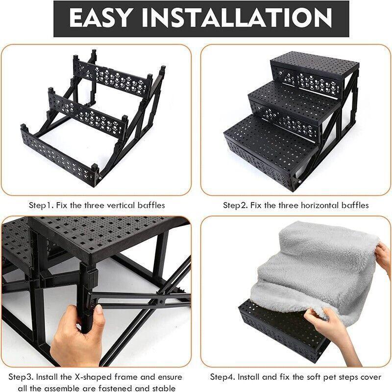 3 Steps Pet Stairs with Soft Cover for Small Dogs and Cats Portable Climbing Ramp