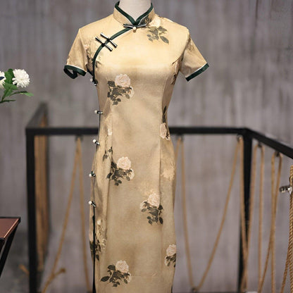 Retro Chinese Style Yellow Jacquard Cheongsam Short Sleeve Improved Young Style - XXL