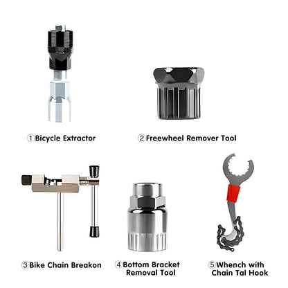 5PCS Bike Repair Tool Kit Crank Puller Chain Breaker Freewheel Bottom Bracket Remover