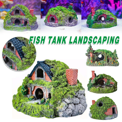 Resin Grass House Aquarium Ornament Natural Fish Tank Decoration Hideaway - A