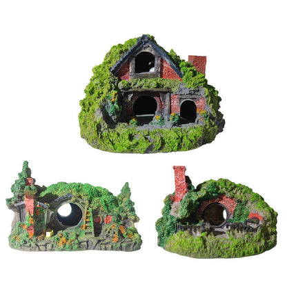 Resin Grass House Aquarium Ornament Natural Fish Tank Decoration Hideaway - A