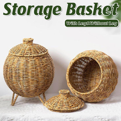Hand Woven Storage Container with Lid Tabletop Basket Sundries Holder Organizer - Without Legs