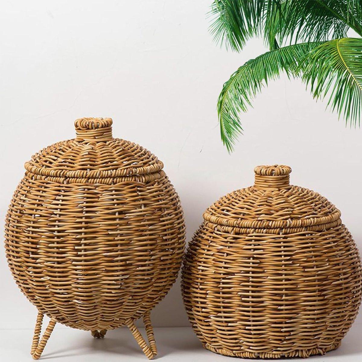 Hand Woven Storage Container with Lid Tabletop Basket Sundries Holder Organizer - Without Legs