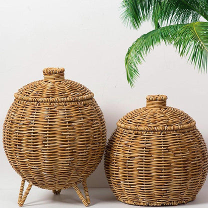 Hand Woven Storage Container with Lid Tabletop Basket Sundries Holder Organizer - Without Legs