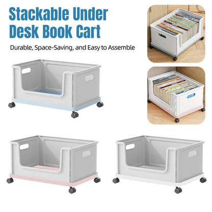 Under Desk Book Storage Box with Wheels Movable Classroom Student Organiser Rack - Blue