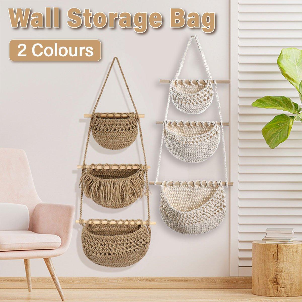 Three Layer Cotton Rope Wall Hanging Basket Door Storage Rack Organizer Bag - Brown
