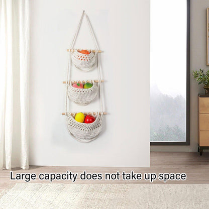 Three Layer Cotton Rope Wall Hanging Basket Door Storage Rack Organizer Bag - Brown