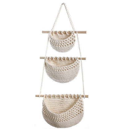 Three Layer Cotton Rope Wall Hanging Basket Door Storage Rack Organizer Bag - Brown