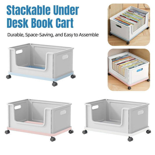 Under Desk Book Storage Box with Wheels Movable Classroom Student Organiser Rack - White